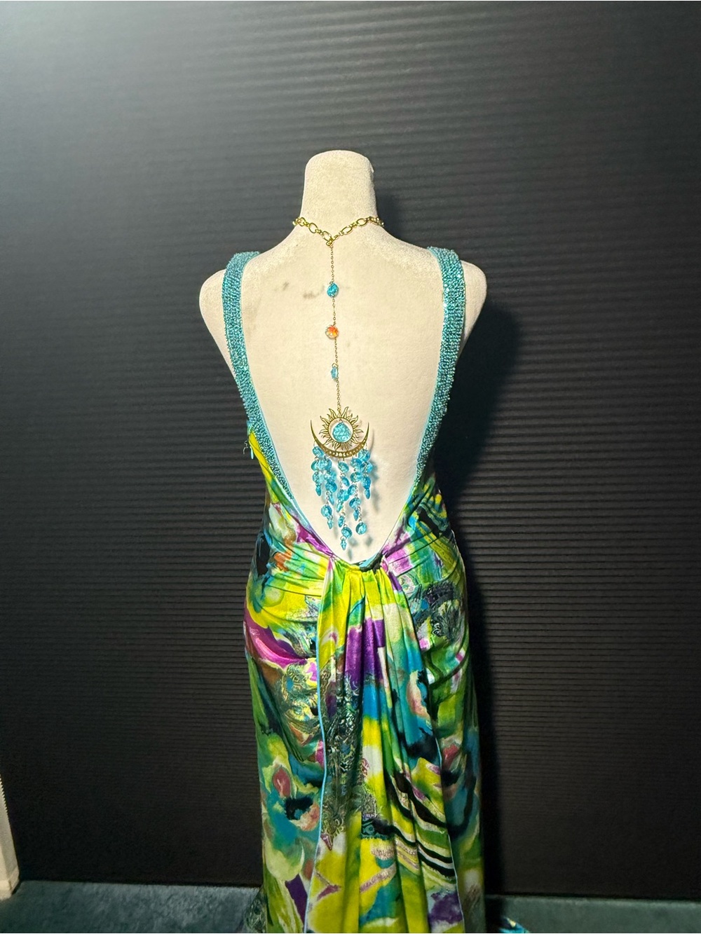 Vintage Speechless Teal-Strap Multicolor Floral Backless Maxi Dress
